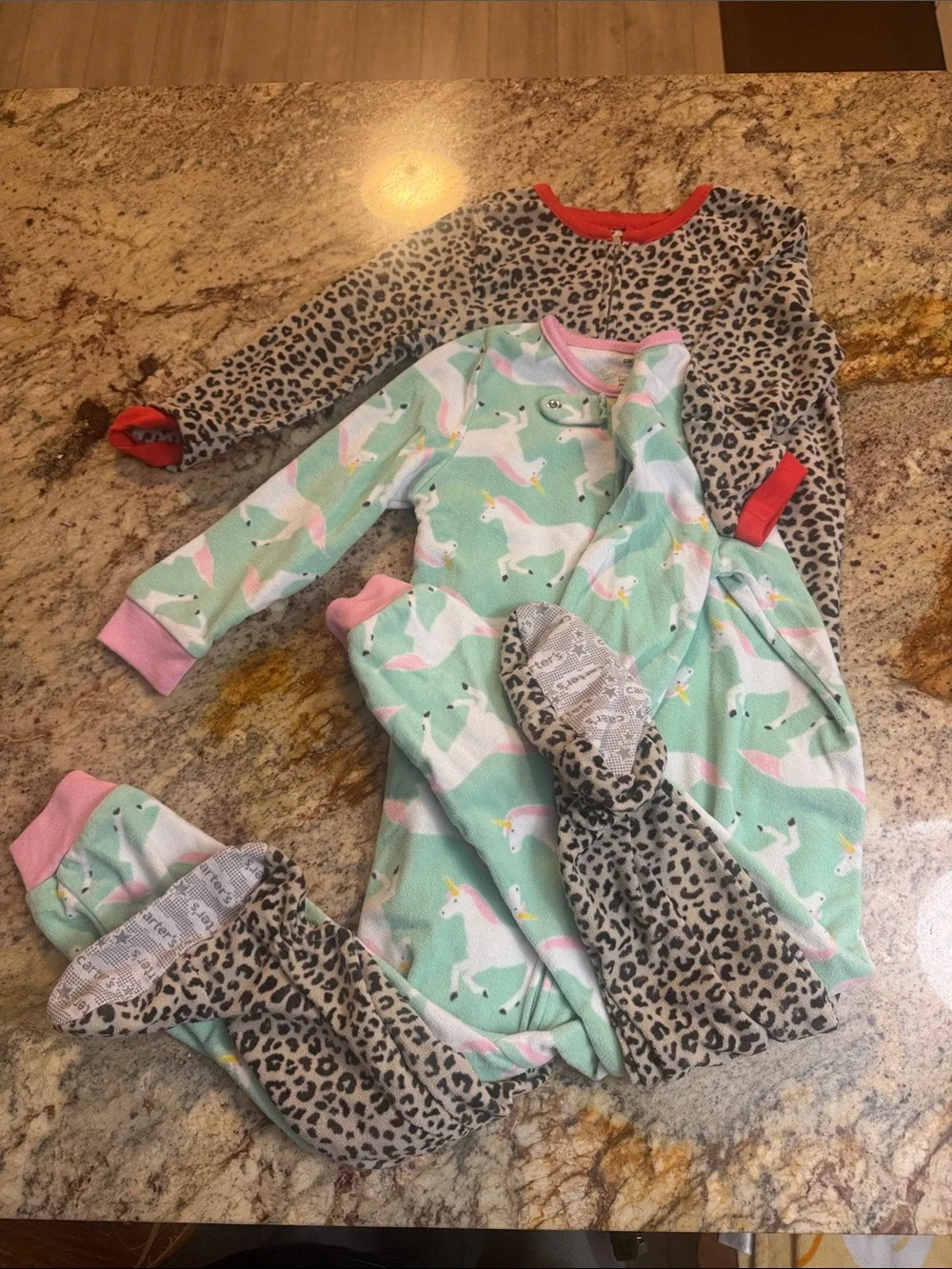 Girls Unicorn & Leopard Print Footed Pajama Set - Mint, Pink, Tan